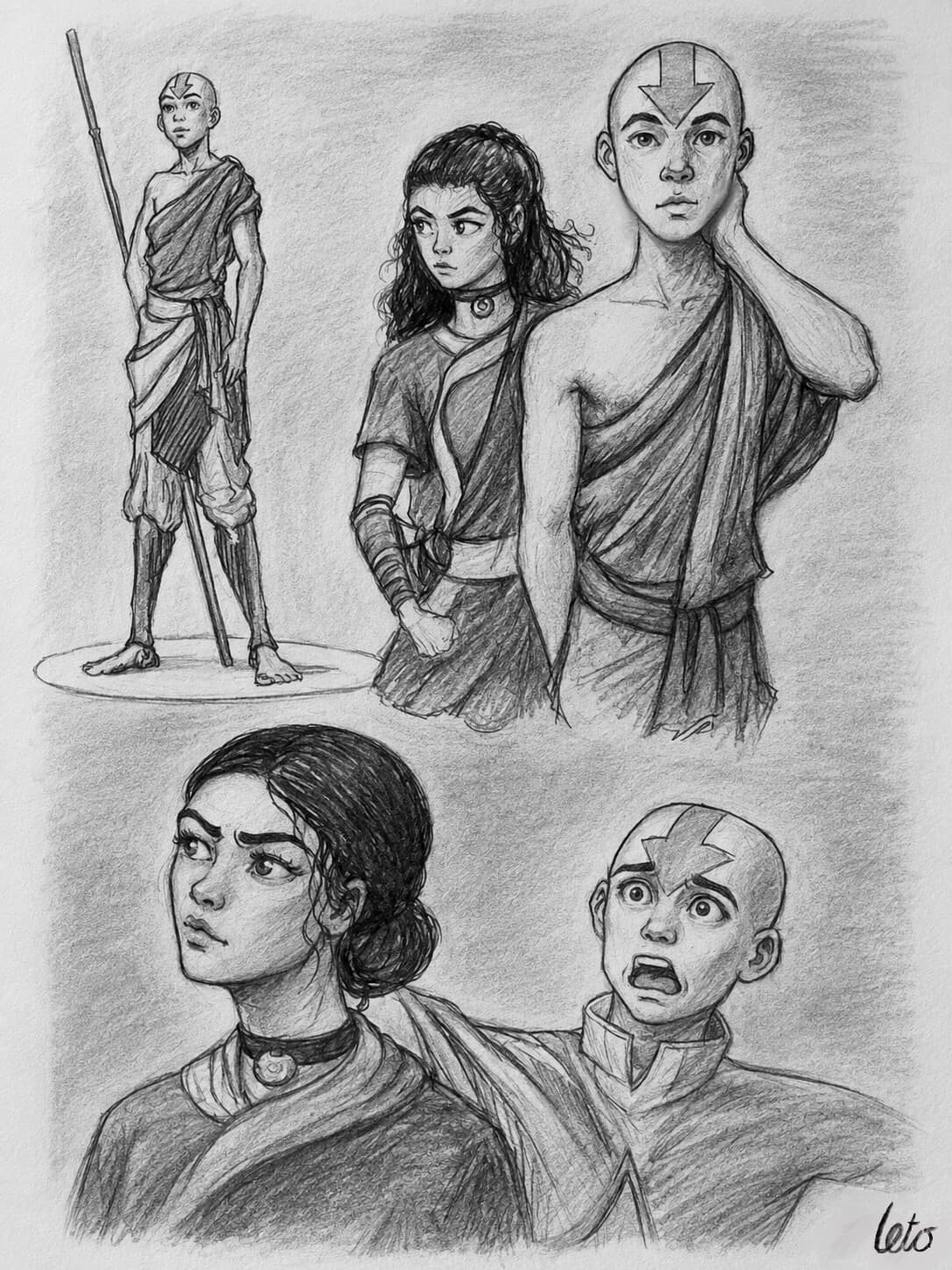 A sheet of pencil fan art studies of Aang and Katara from Avatar: The Last Airbender