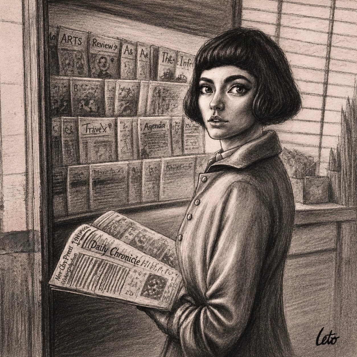 A graphite drawing of a woman holding an open newspaper in front of a magazine rack