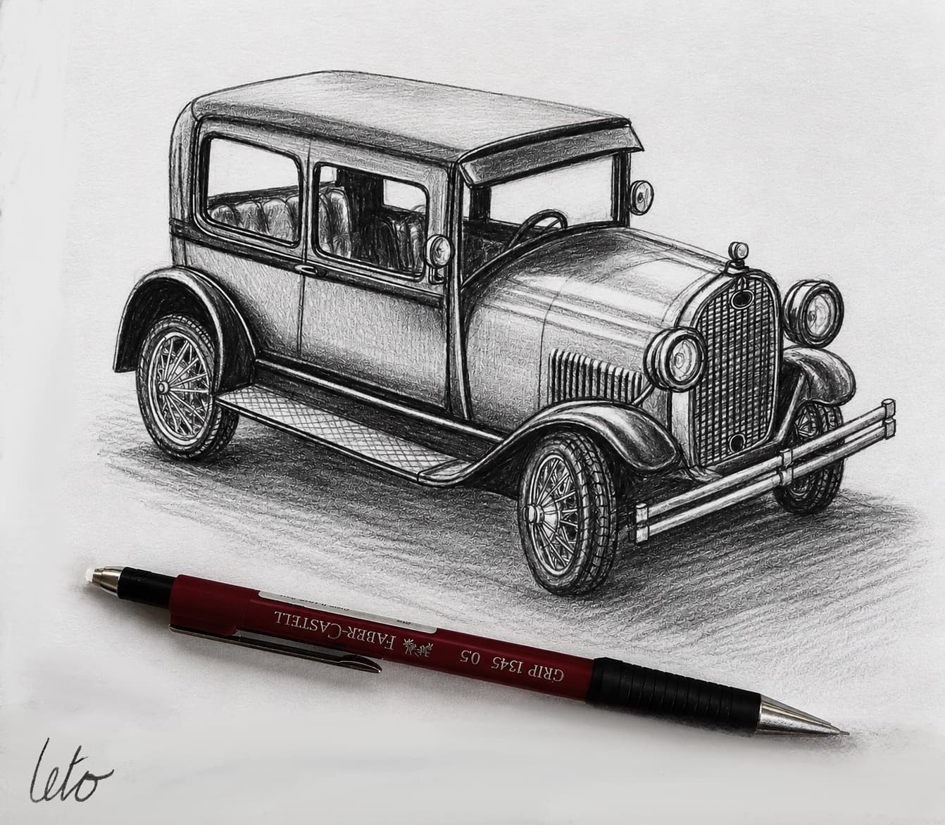 A detailed graphite drawing of a vintage car