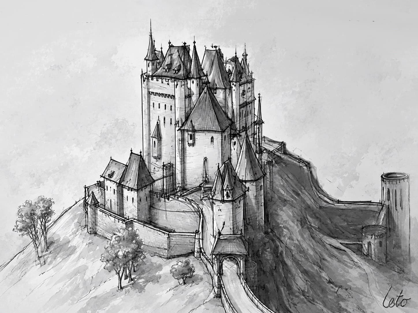 An ink and wash drawing of a many-towered castle on a steep ridge