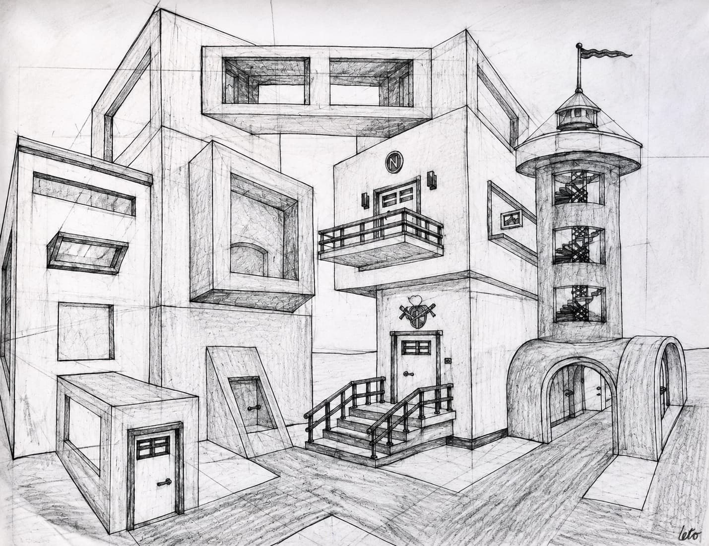 A perspective drawing of a fantastical multi-level building