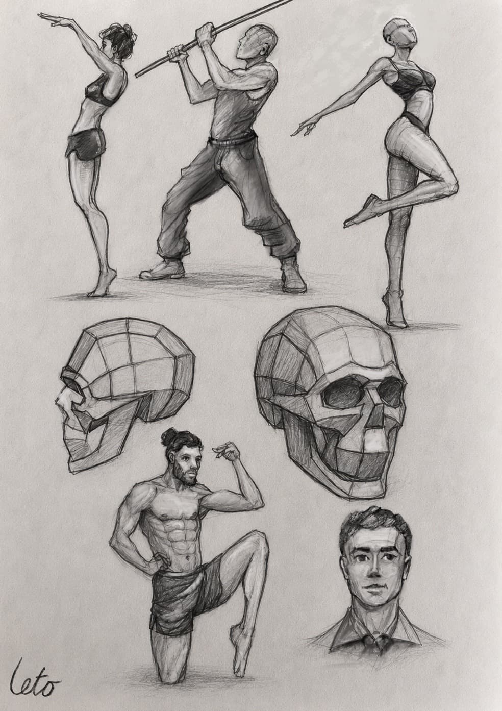 A sheet of pencil studies: four figures in motion, a male head, and two skulls blocked out as flat planes