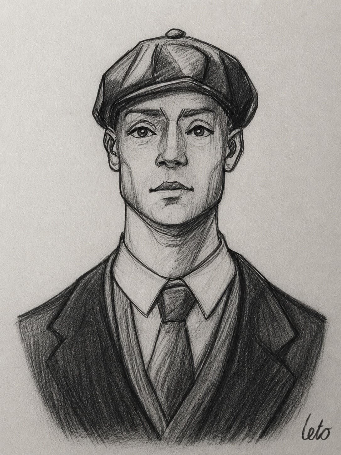 A graphite portrait of a man in a flat cap, suit and tie, looking straight ahead