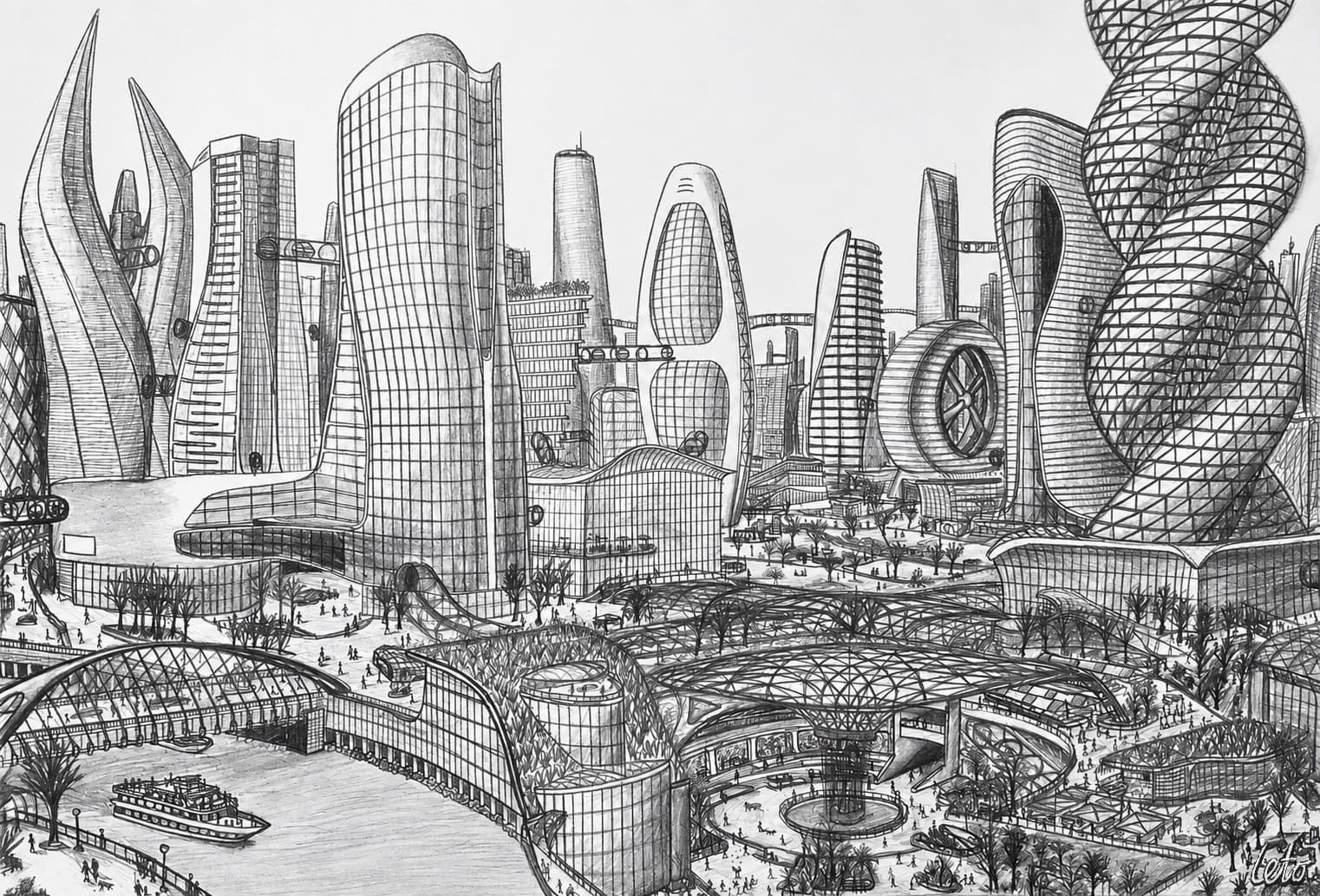 A detailed graphite drawing of a speculative future city