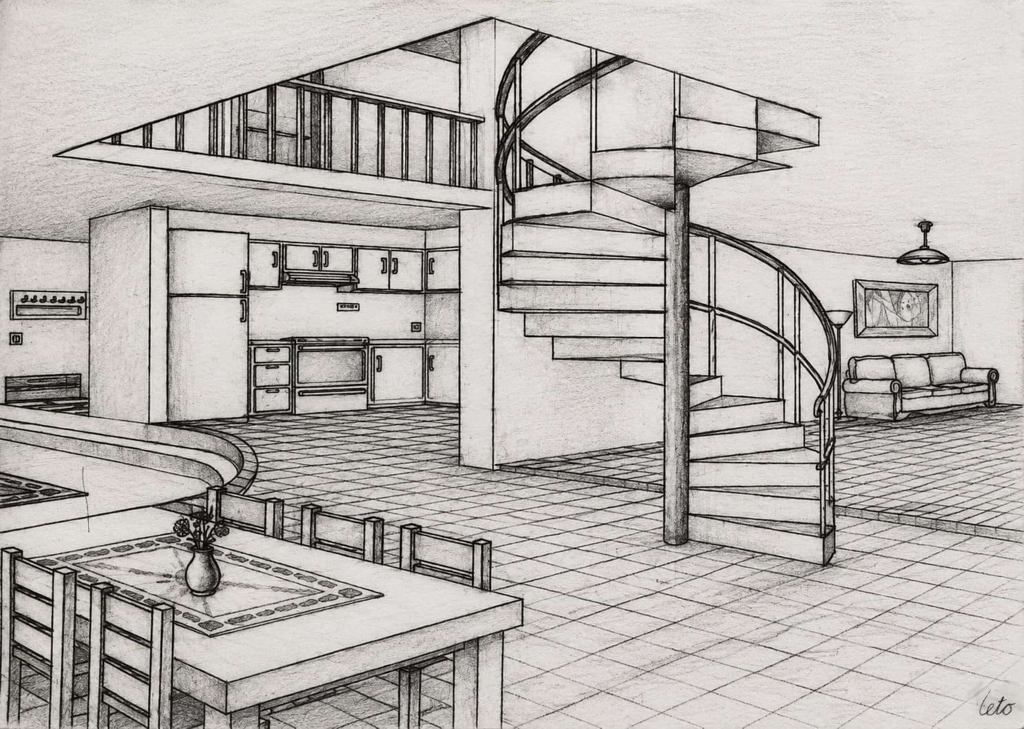 A two-point perspective drawing of a kitchen and spiral staircase