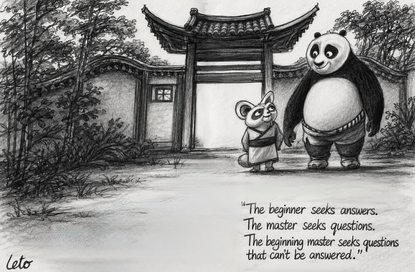 A pencil fan art drawing of Po and Master Shifu from Kung Fu Panda