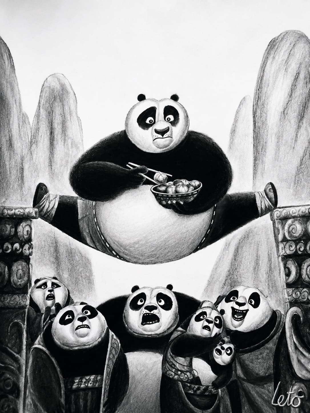 A pencil fan art drawing of Po from Kung Fu Panda doing the splits