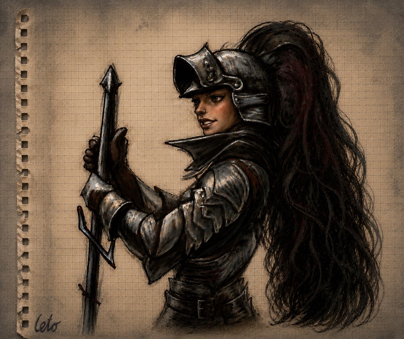 A drawing of an armored knight character holding a polearm