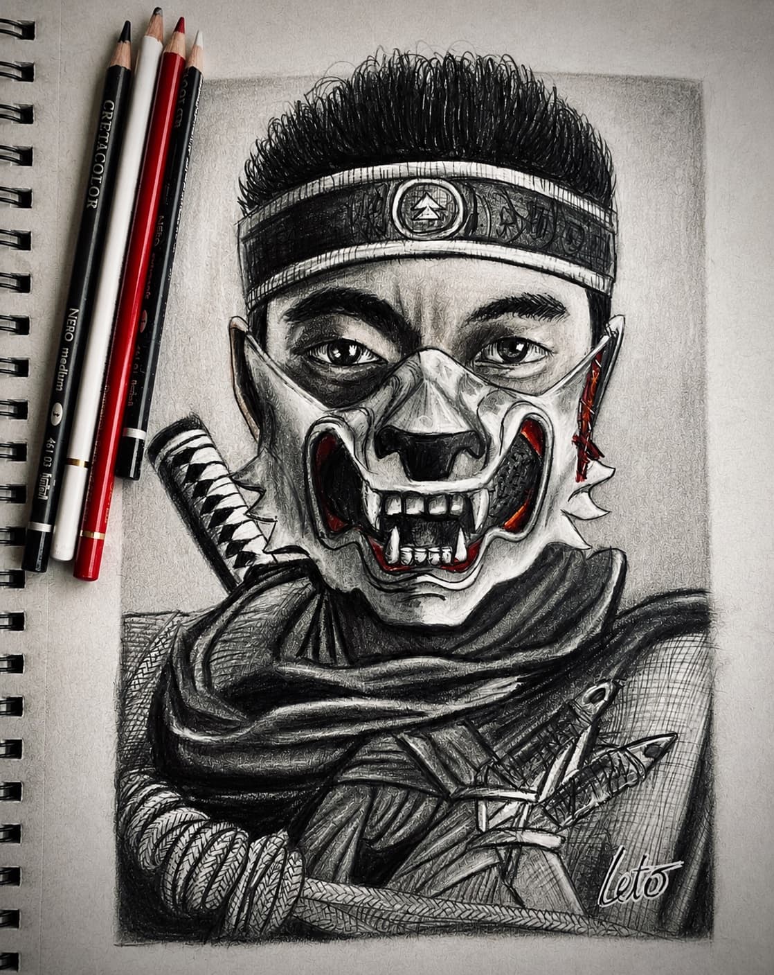 A detailed pencil portrait of a masked mercenary character