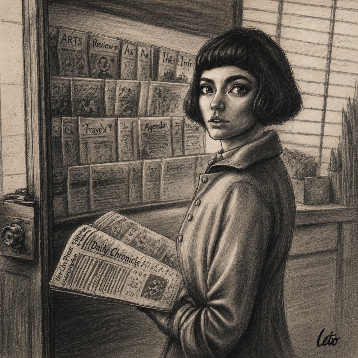 A charcoal drawing of a woman holding an open newspaper in front of a magazine rack
