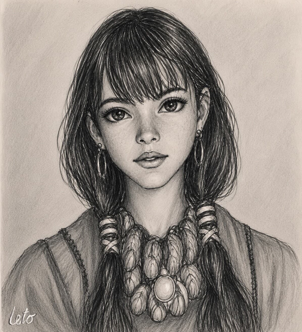 A graphite portrait of a young woman with a blunt fringe, hoop earrings and a heavy beaded necklace