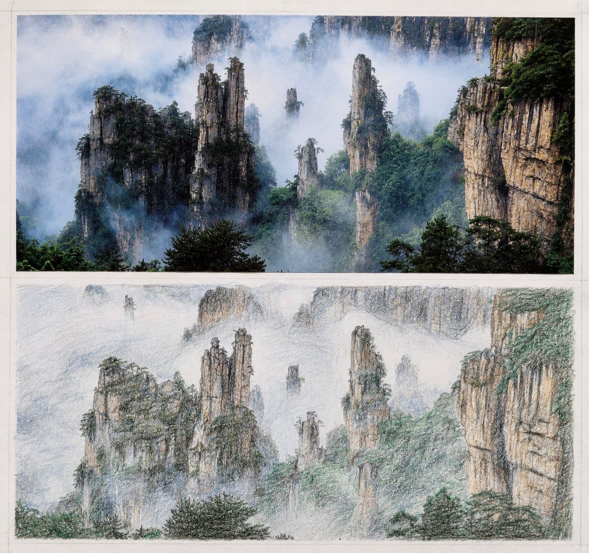 A colored pencil study of misty rock pillars, shown beneath its reference photo