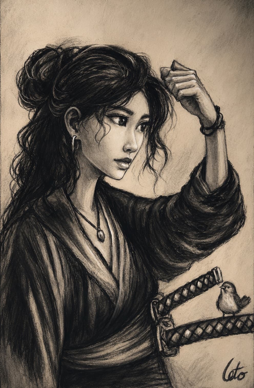 A charcoal drawing of a young woman in a kimono with a sword, a small bird perched on the scabbard