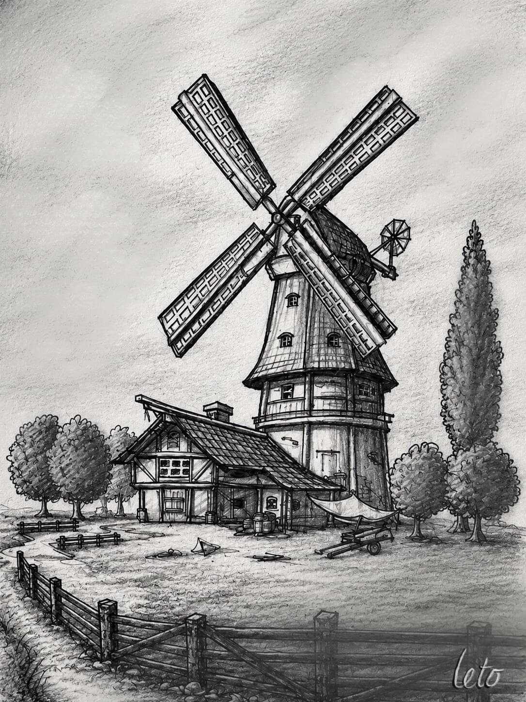 A graphite drawing of a tall windmill above a timbered farmhouse, with poplars and a fence in the foreground