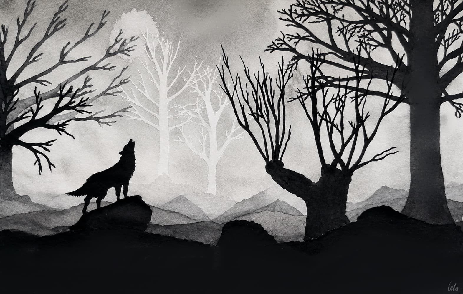 An ink and watercolor silhouette of a howling wolf