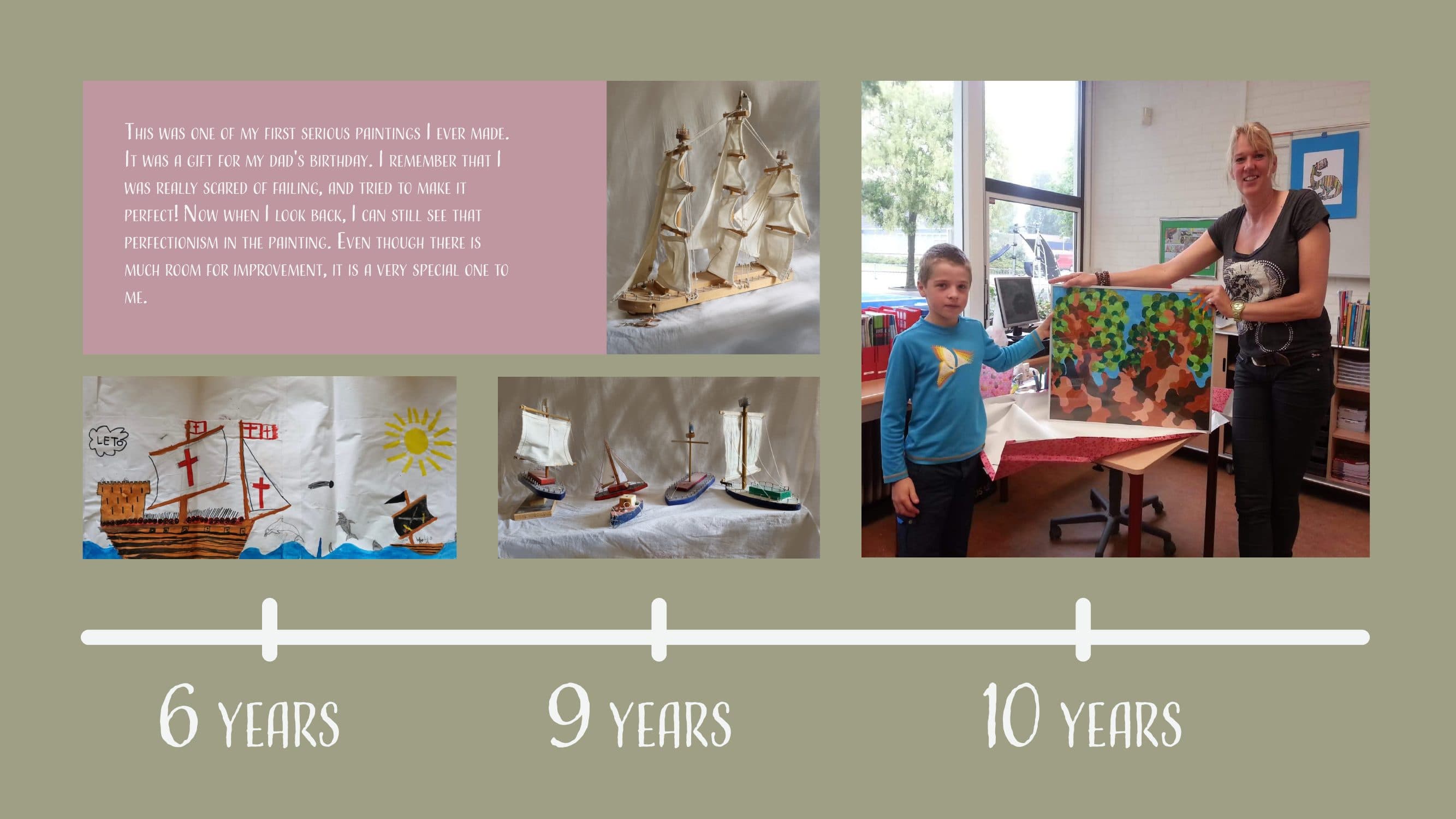 Childhood drawings and wooden boat models, ages 6 to 10