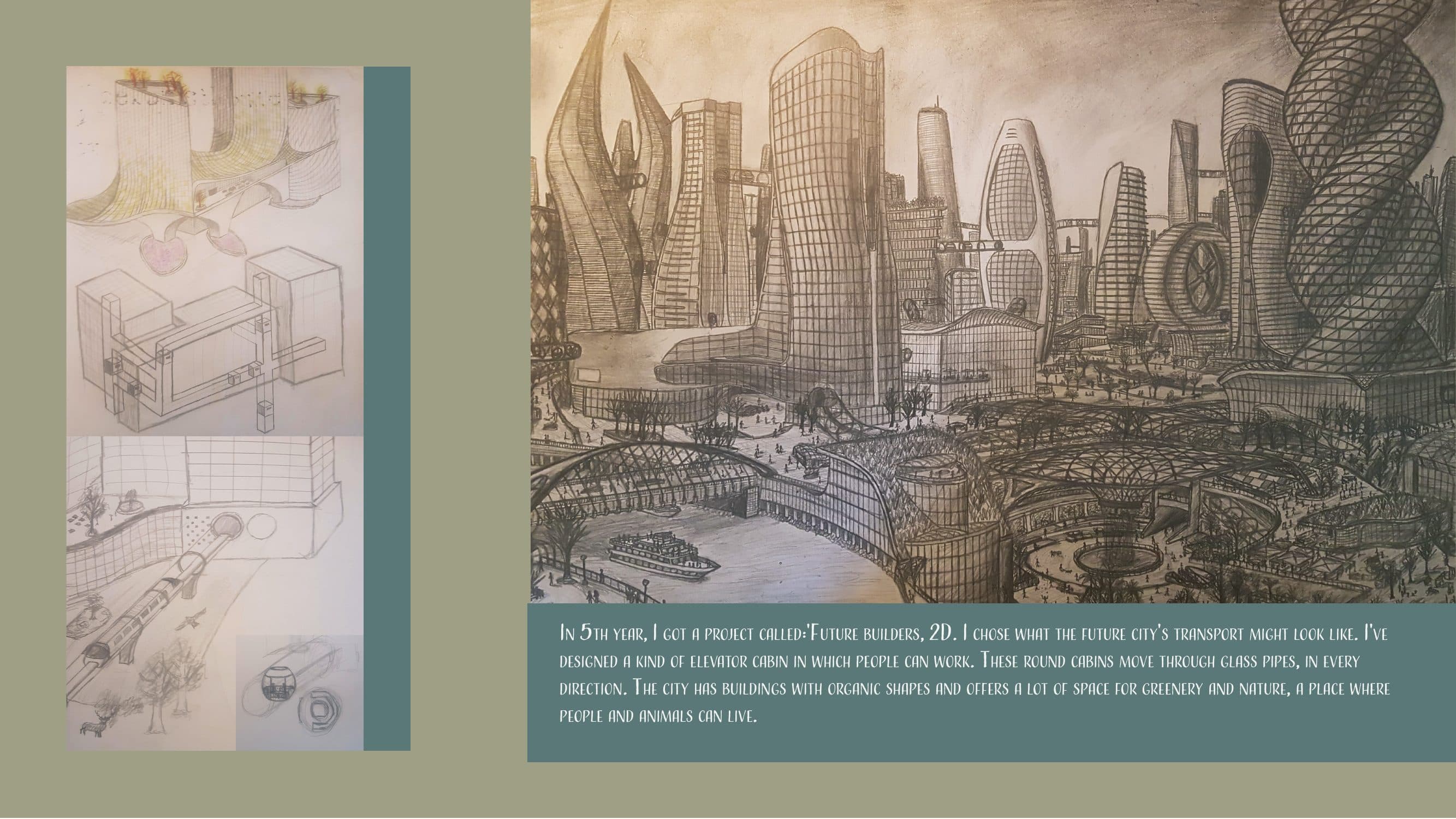 A detailed graphite drawing of a futuristic city