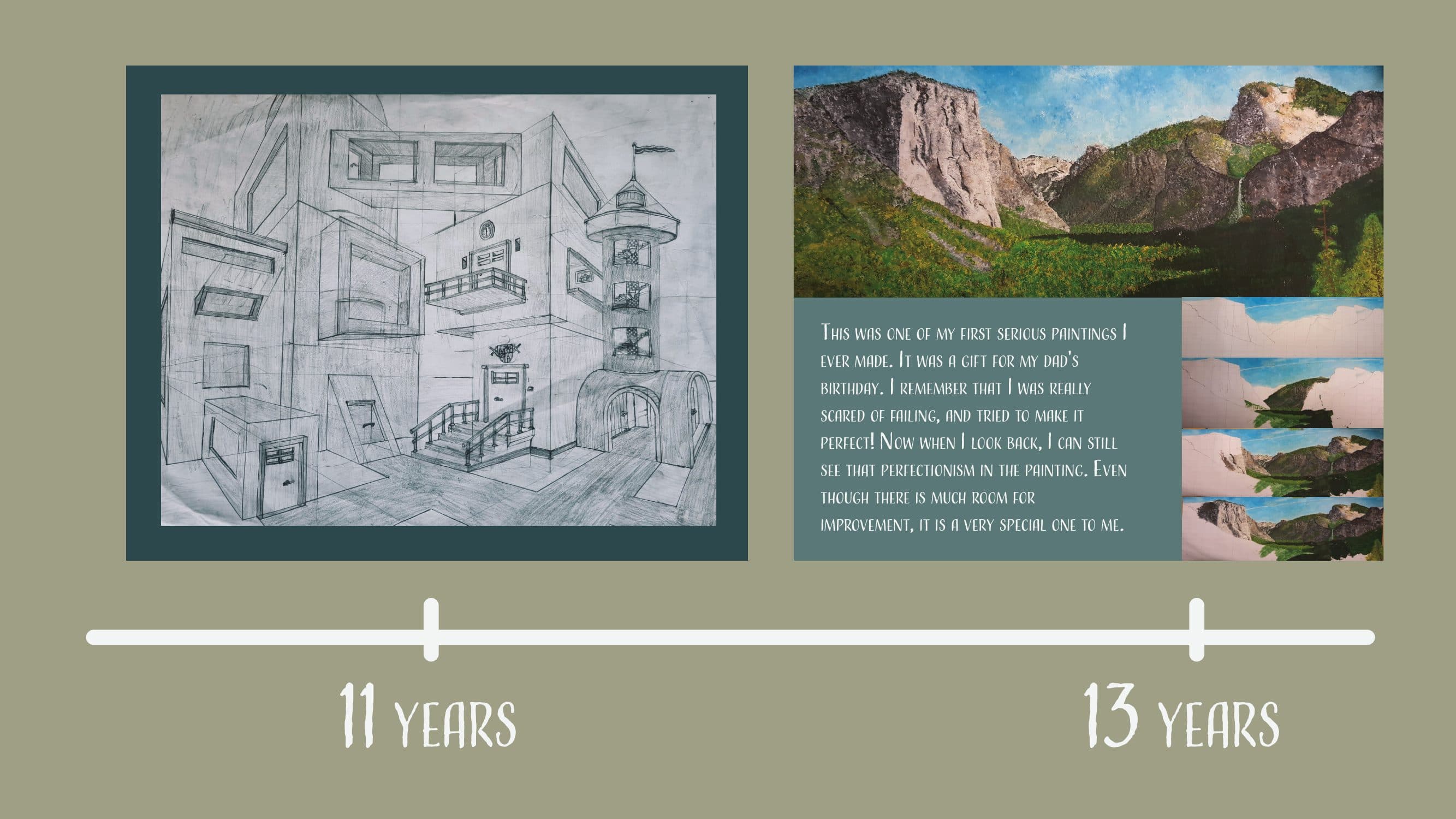 A perspective house drawing and a mountain landscape painting