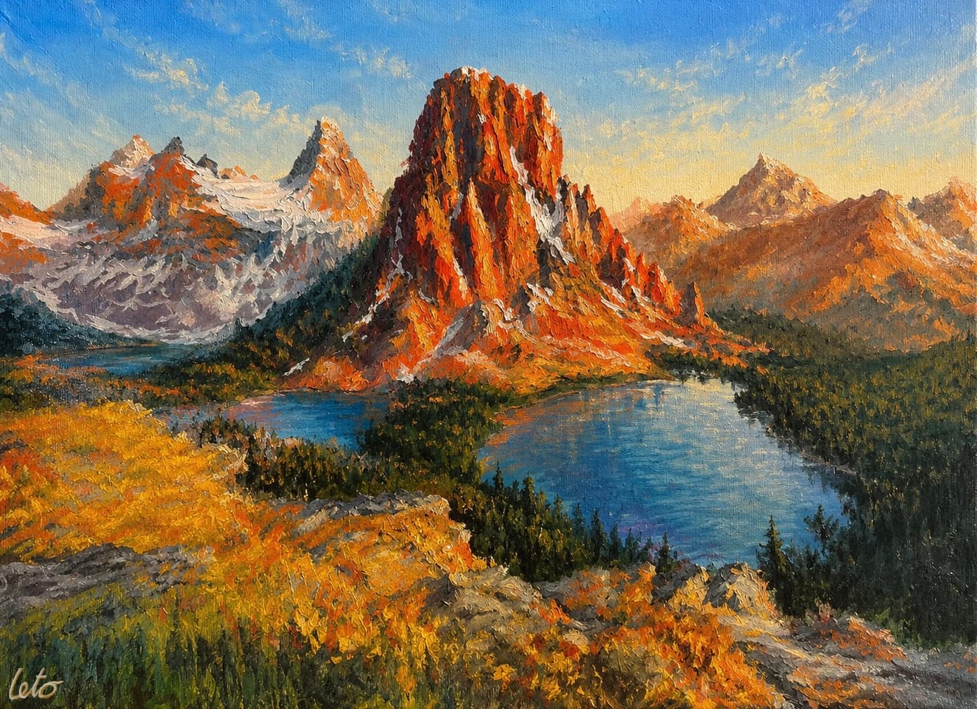 An oil painting of a red rock peak above an alpine lake