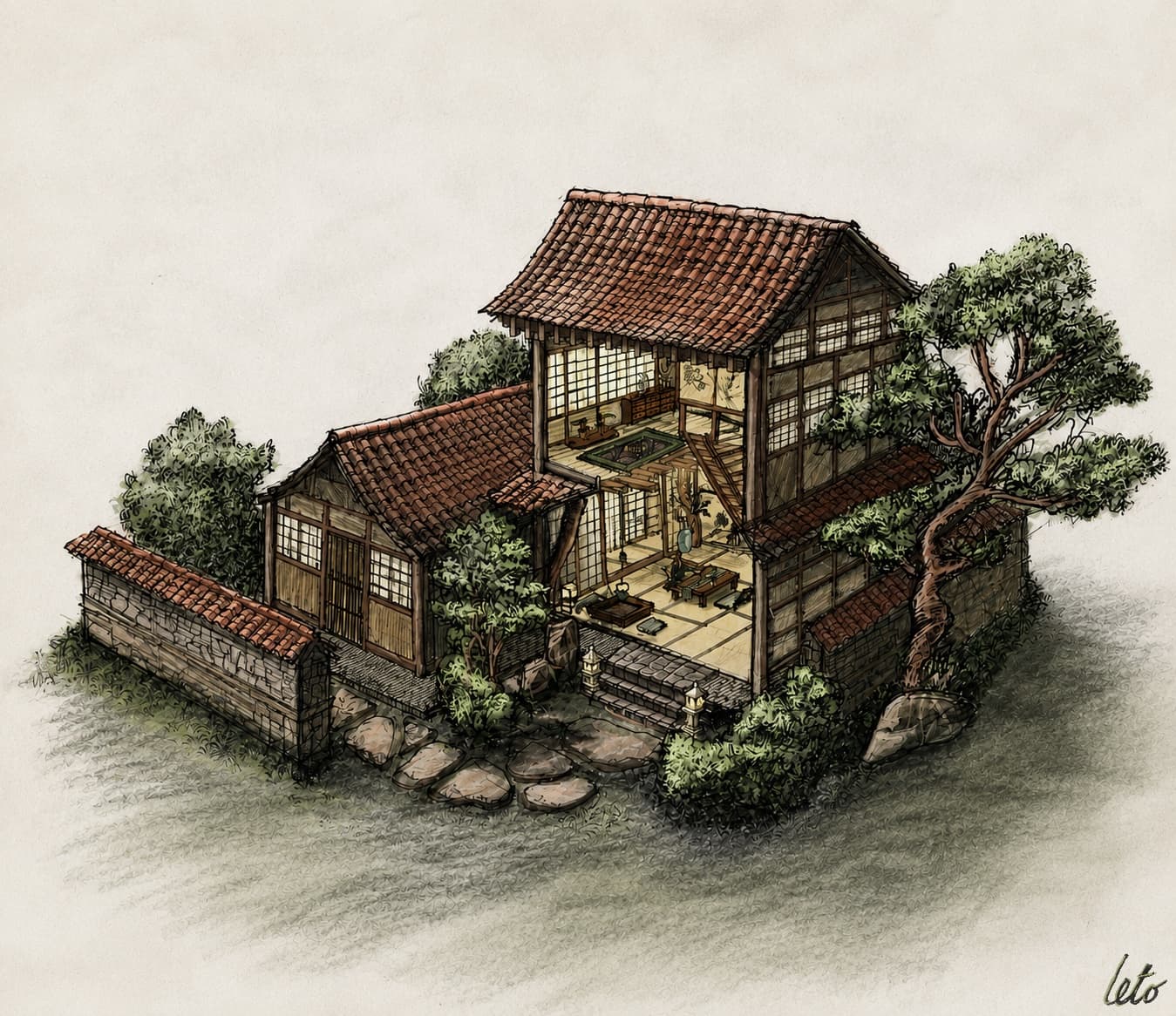 A digital illustration of a traditional Japanese house design, cross-section