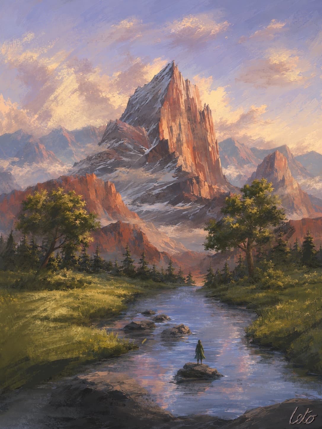 A digital painting of a red rock spire above a river valley, a small cloaked figure standing on a rock in the water