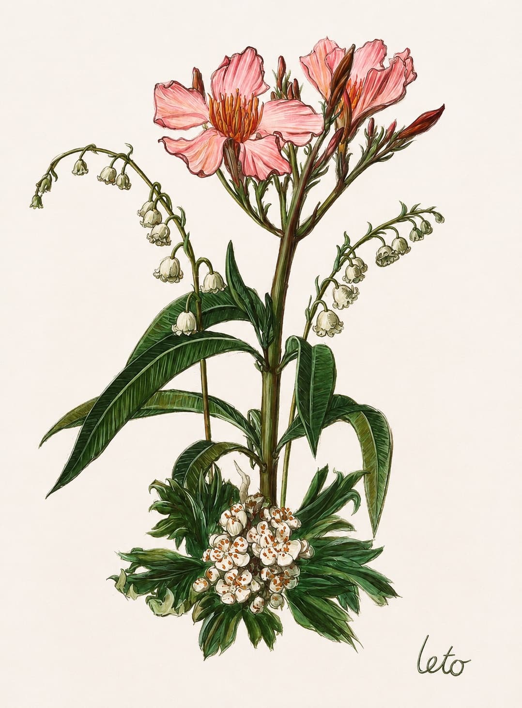 A watercolor botanical study of pink flowers and lily of the valley