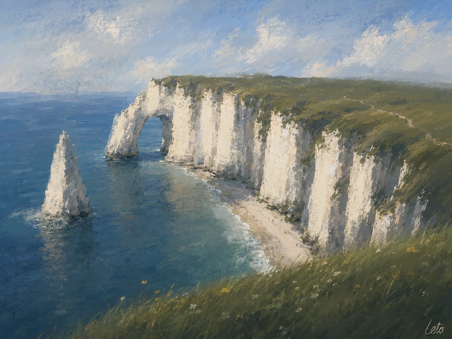 A digital painting of white chalk sea cliffs with a natural arch and a needle of rock