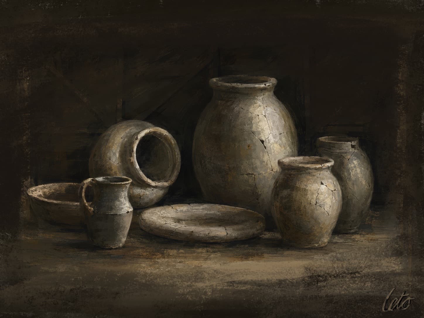 A dark digital still life of cracked clay pots, a jug, and a bowl