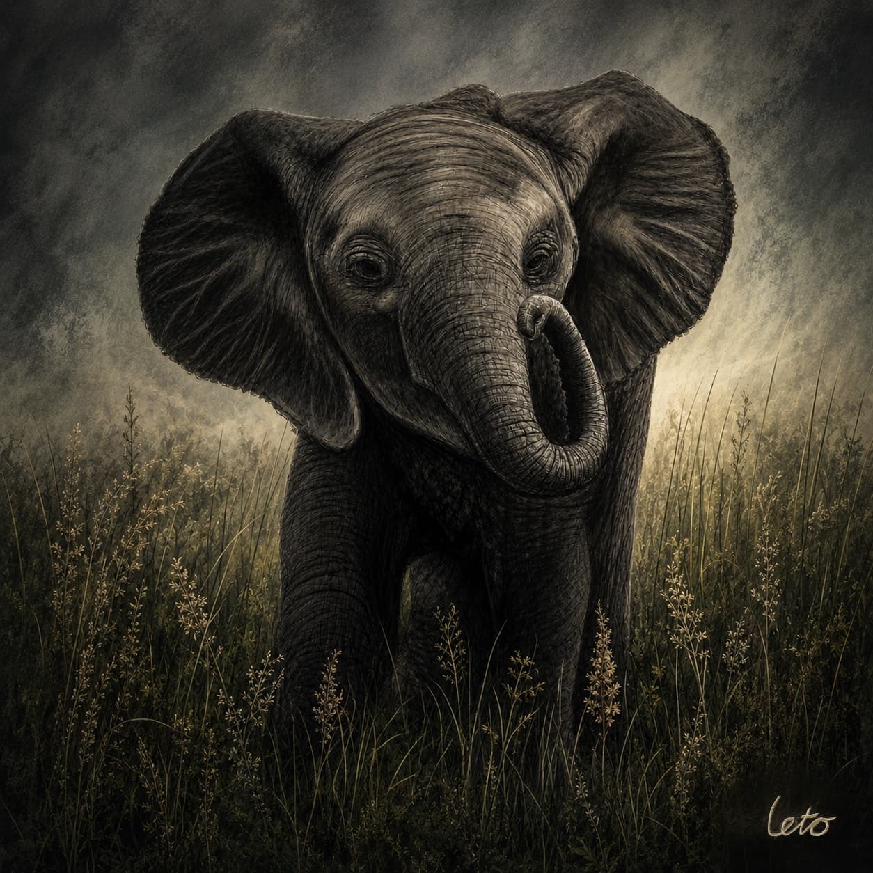 A digital painting of a baby elephant in tall grass