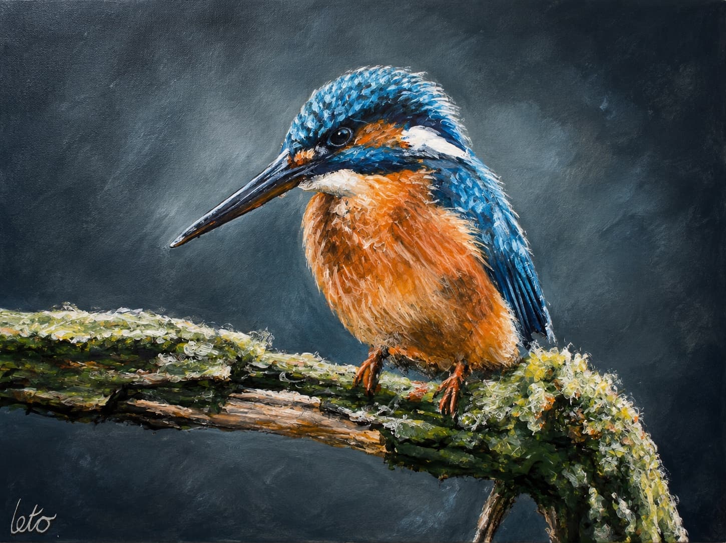 An acrylic painting of a kingfisher perched on a mossy branch