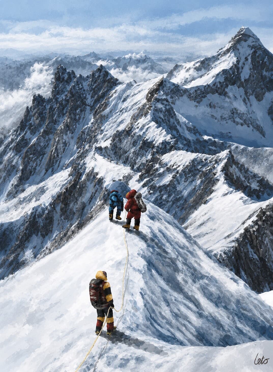 A digital painting of three roped mountaineers climbing a corniced snow ridge, with rock peaks and cloud behind