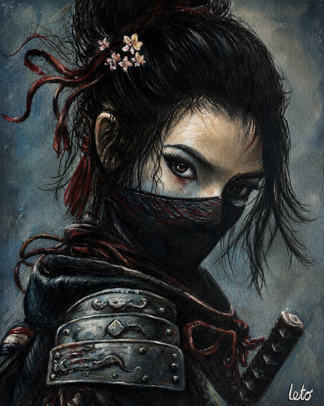 An oil portrait of a masked samurai character