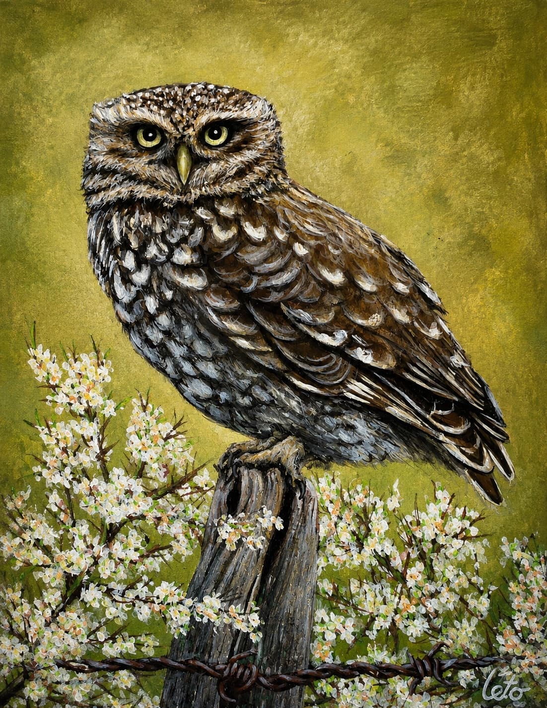 An acrylic painting of a little owl perched on a fence post among blossom