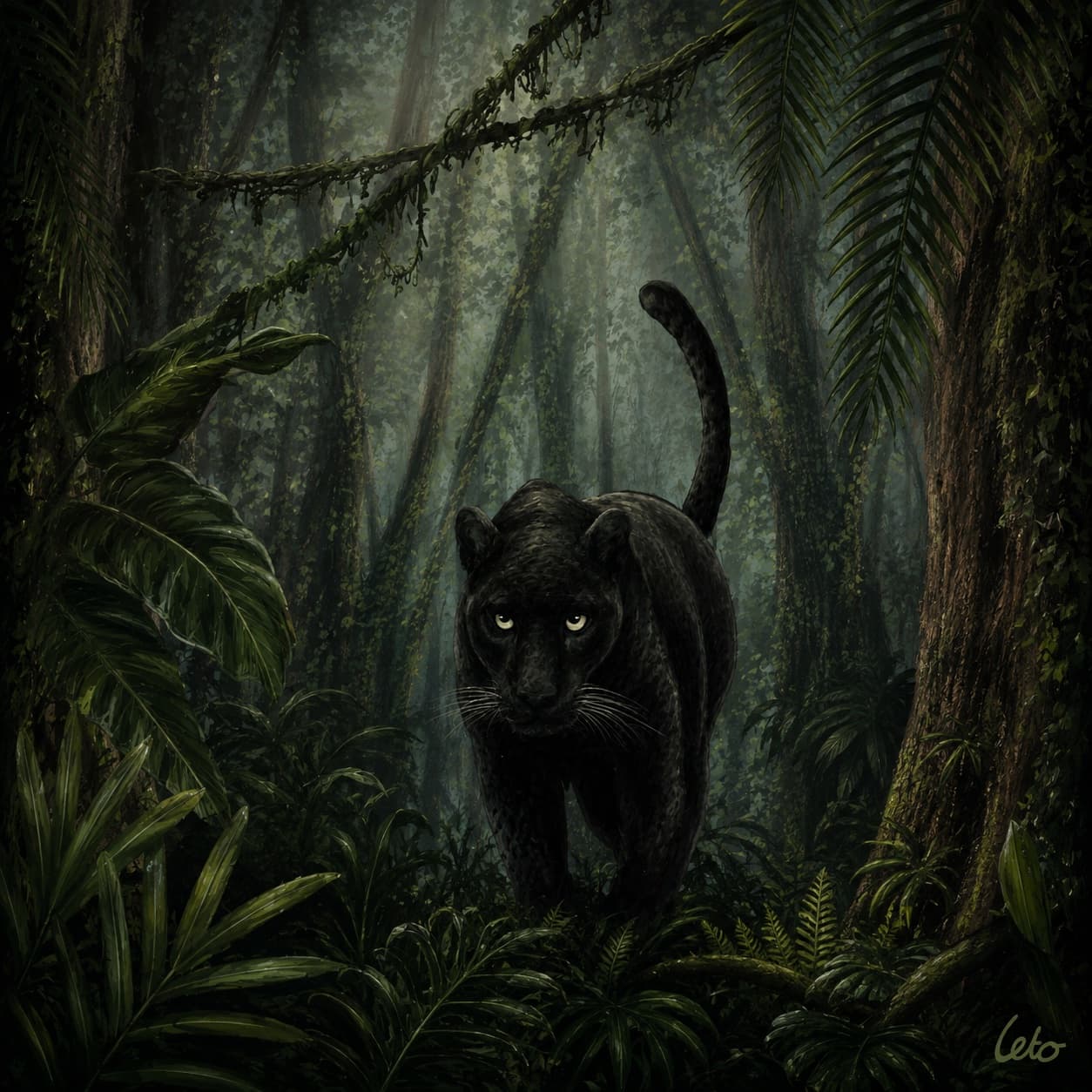 A digital painting of a black panther in a misty jungle