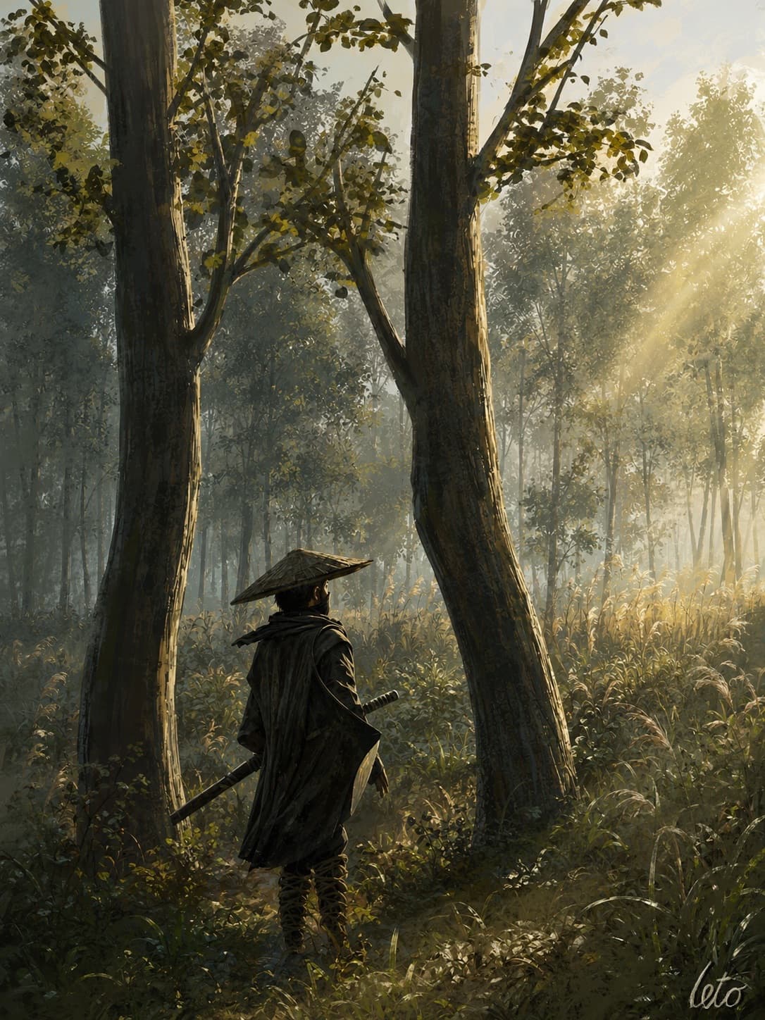 A digital painting of a swordsman in a straw hat walking through a sunlit forest
