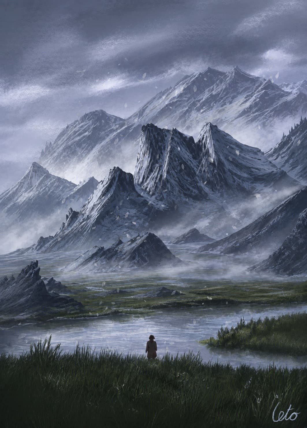 A digital painting of snow falling over a dark mountain valley, a lone figure standing by the river