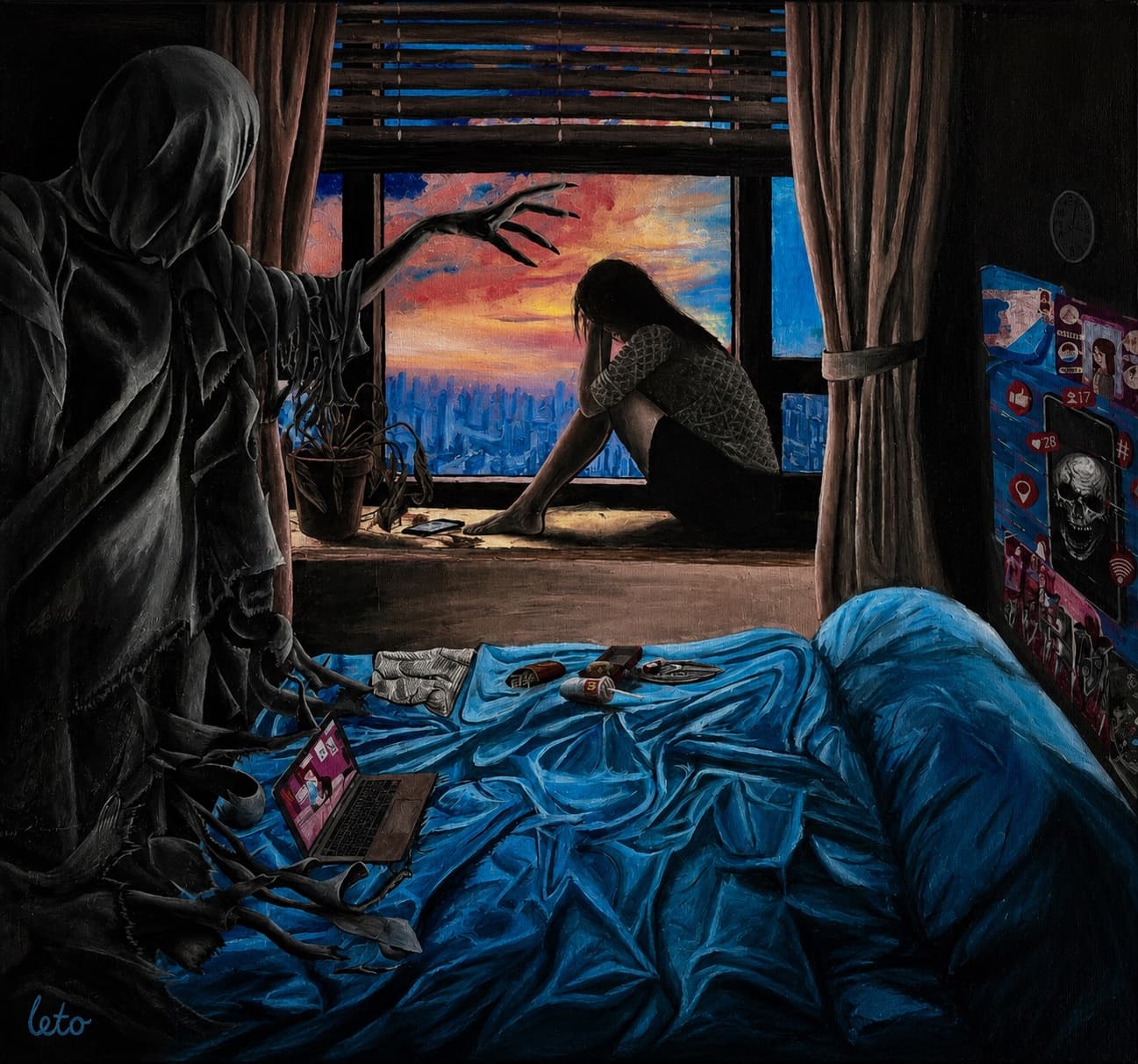 An acrylic painting depicting the impact of social media, a dark figure reaching toward a girl at a window