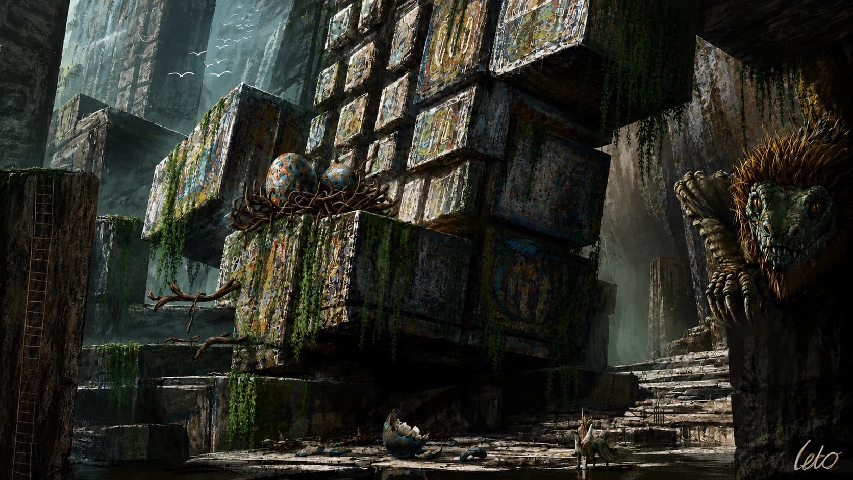 A digital painting of overgrown carved stone blocks holding a nest of eggs, a feathered reptile watching from the right