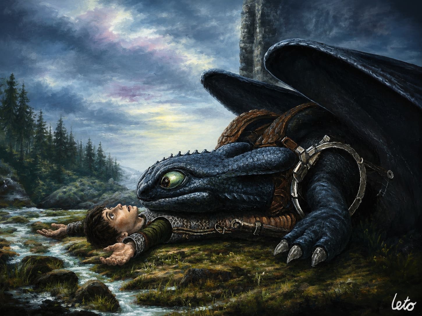 An oil painting fan art of Toothless and Hiccup from How to Train Your Dragon