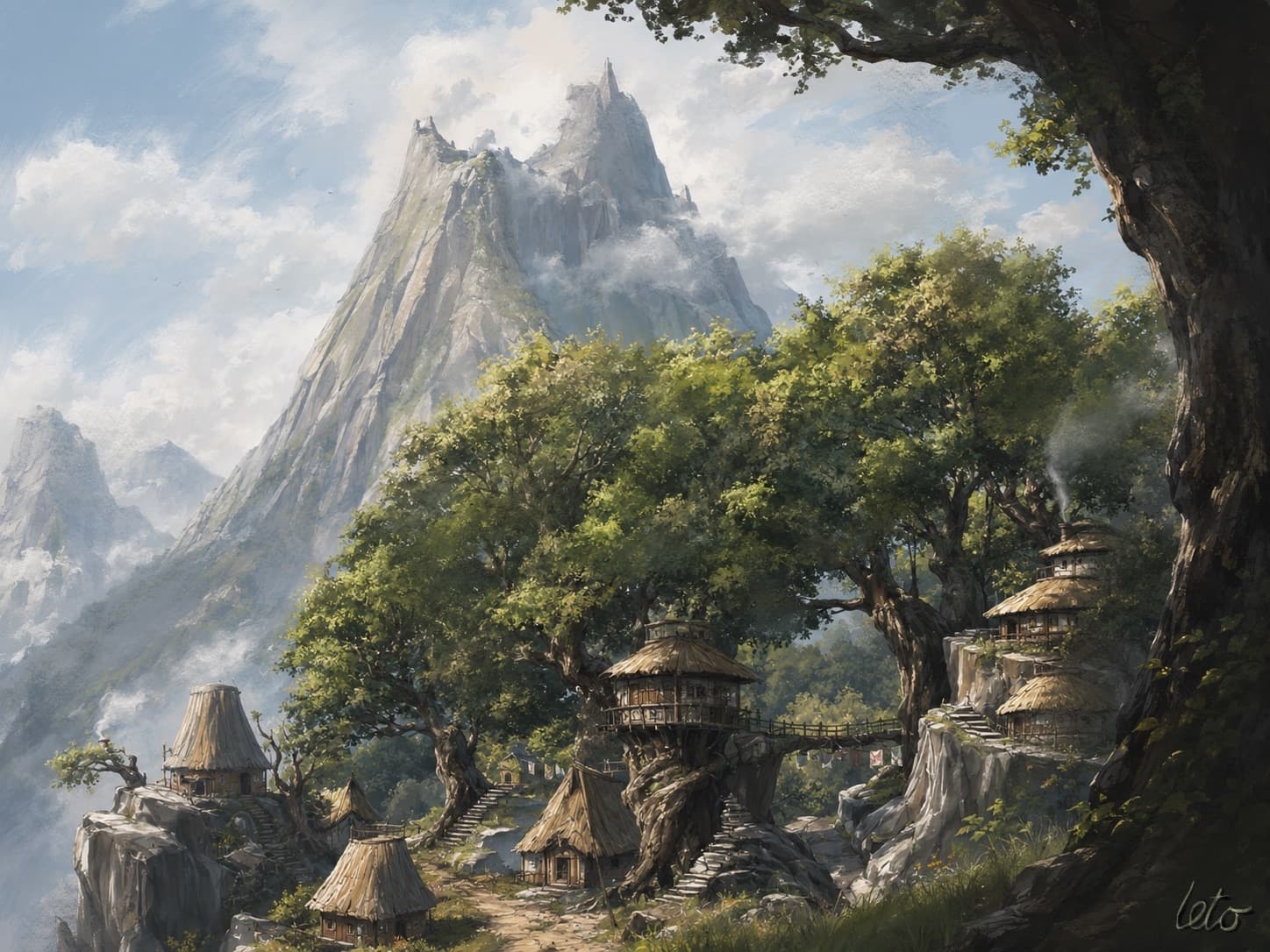 A digital painting of a village of thatched treehouses on a cliffside beneath a tall rock spire