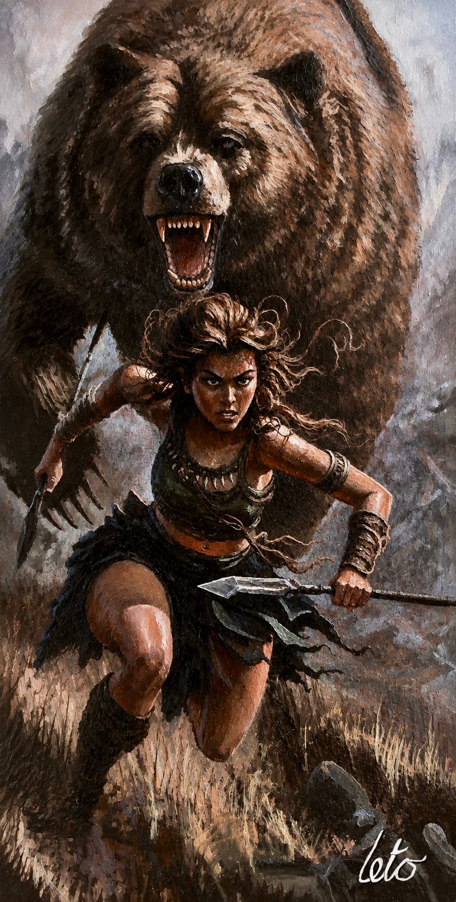 An oil painting of a warrior running from a bear