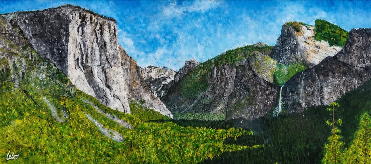 An acrylic painting of Yosemite Valley