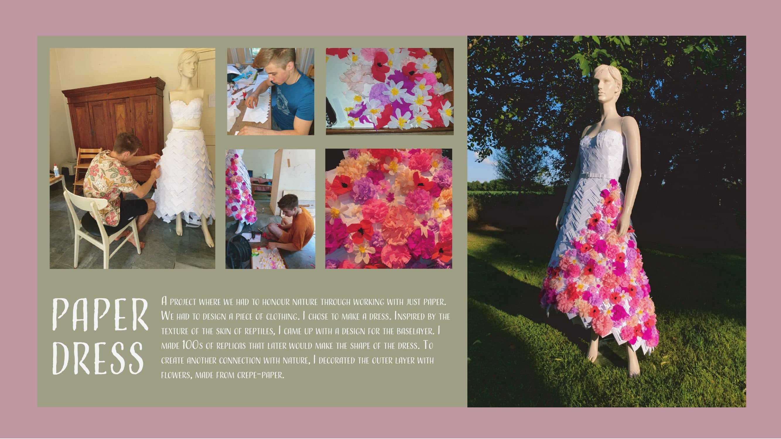 A dress made entirely from paper, decorated with paper flowers