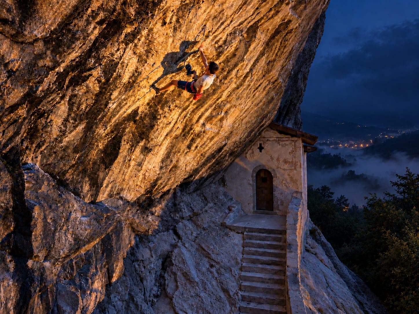 Climbing a floodlit tufa overhang above the chapel at Eremo di San Paolo at dusk, the valley lights below