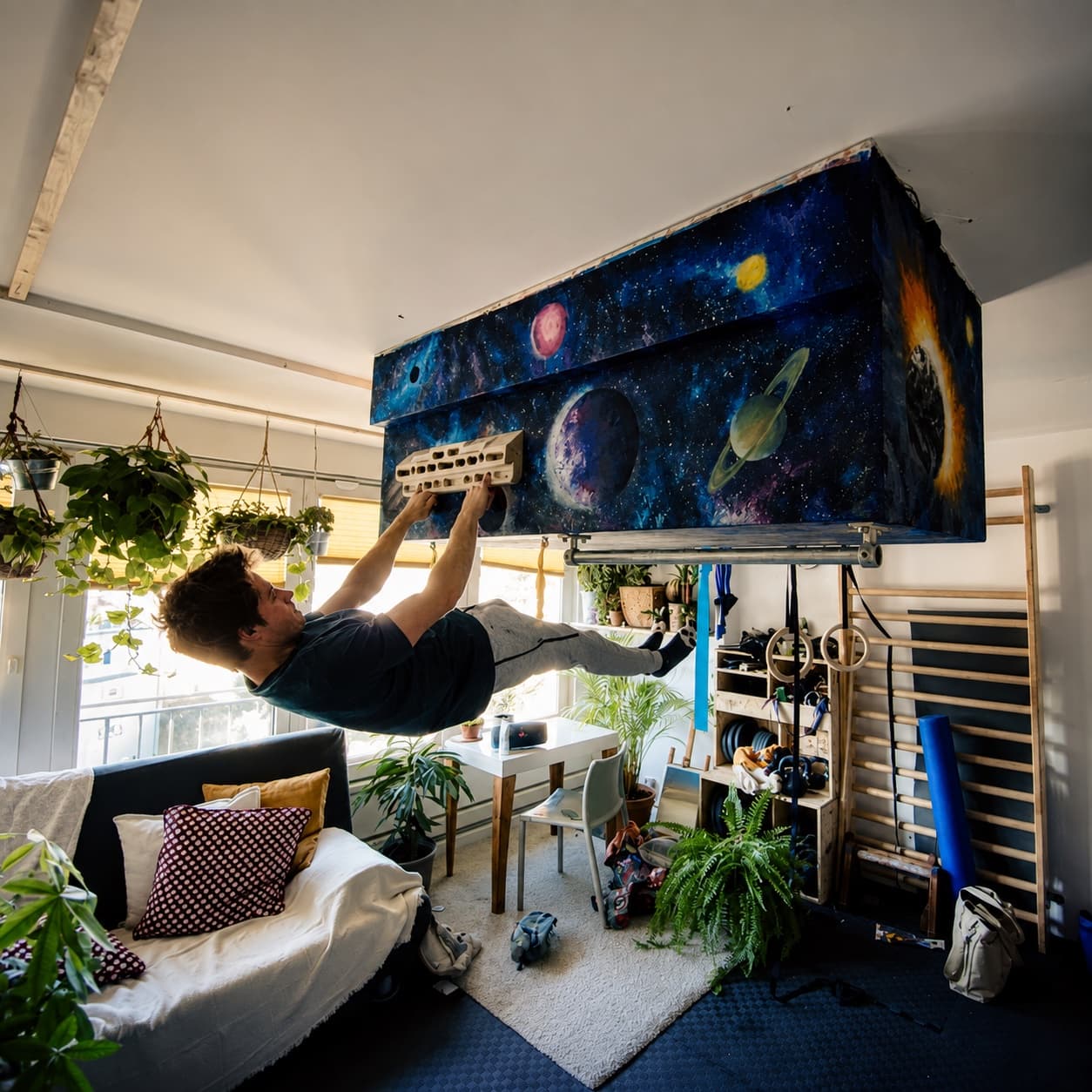 Hanging from a training board mounted to the ceiling of a room at home
