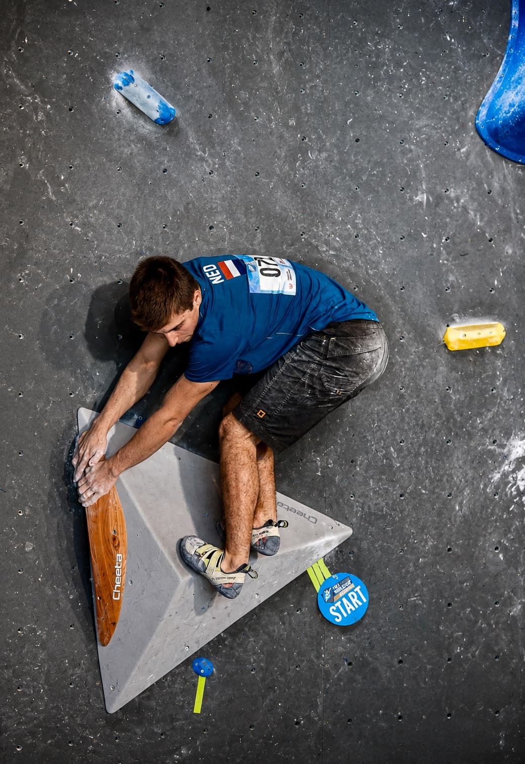 Competing at the Meiringen bouldering World Cup, NED jersey
