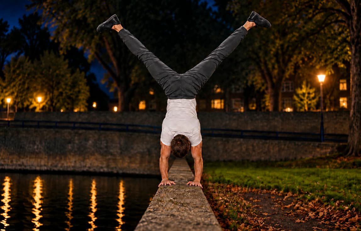 's Nachts houdt Leto een spreidhandstand op de smalle stenen rand van een kademuur, met het water en de weerspiegelde lantaarns aan één kant en verlichte huizen erachter