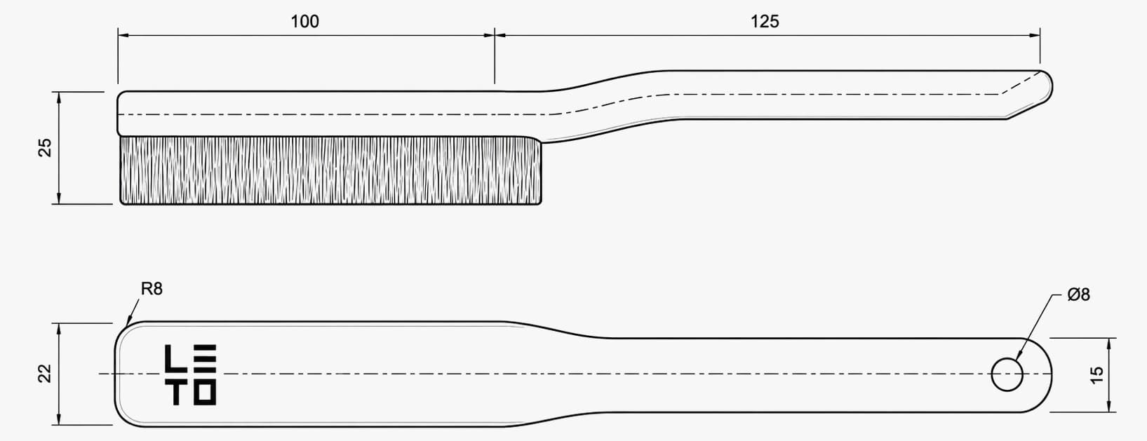 Technische tekening van de klimborstel, zijaanzicht boven bovenaanzicht, in dun zwart lijnwerk