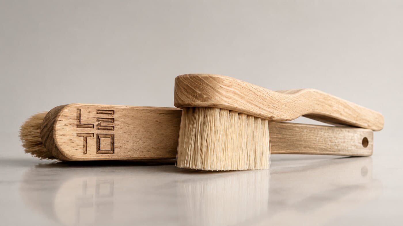 Twee afgewerkte houten klimborstels op een donker spiegelend oppervlak, één met een ingestempeld logo