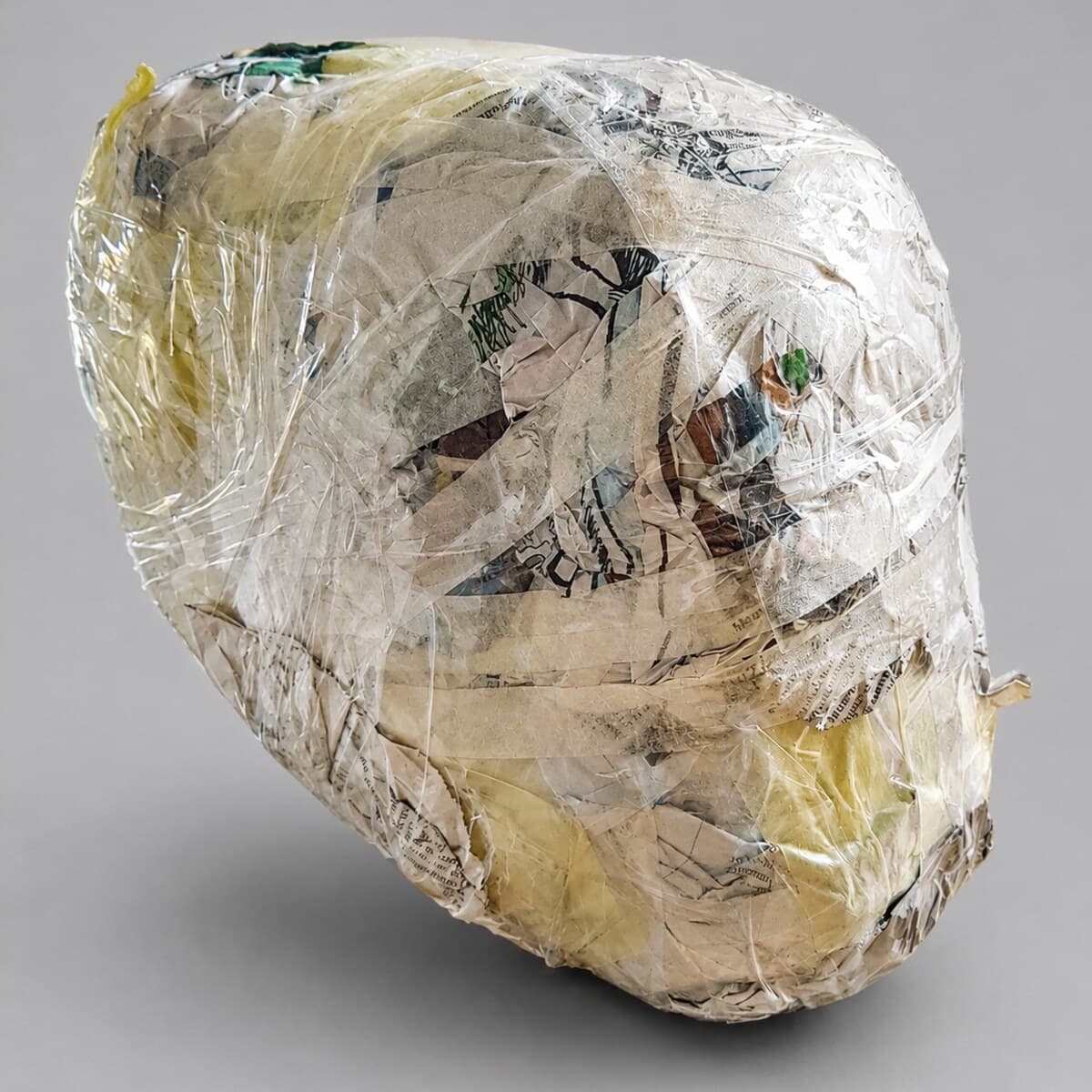 A head-shaped form wrapped in tape and film, the base the helmet was built over